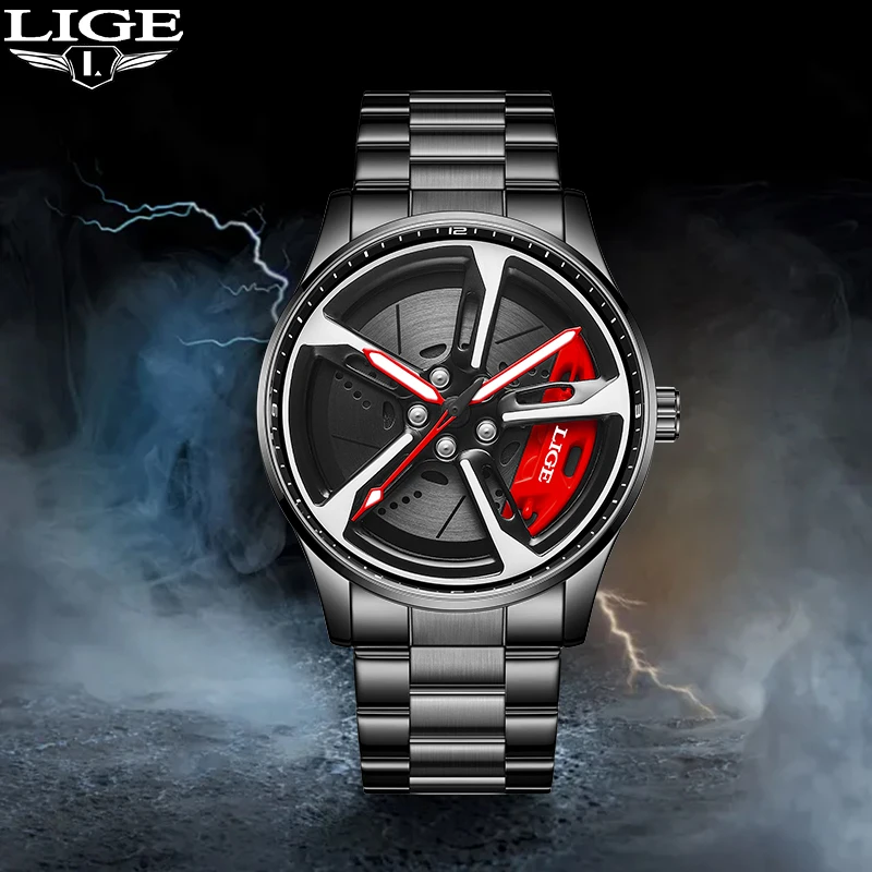 LIGE جديد مقاوم للماء ثلاثي الأبعاد 360 ° الدورية الهيكل العظمي عجلة الكوارتز رجل ووتش حافة السيارة الغزل الرجال الرياضة عارضة الساعات للرجال الساعات #2