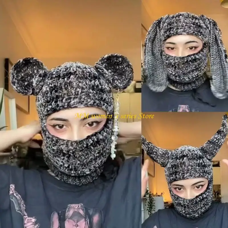 

Q39C Costume Hats Halloween Gift Warm Soft Horn Bunny Hat Adult Outdoors Warm Winter