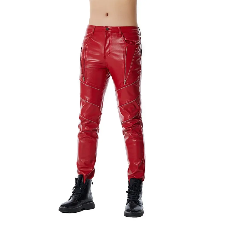 2024 Men\'s Red Personal Leisure Zipper Pu Stitching Leather Pants