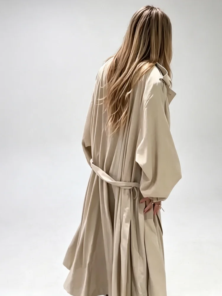 Loose Draped Maxi Trench Coat Women Lapel Collar Belted Windproof Batwing Sleeve Autumn Commute Ladies Jacket Casual Outerwear