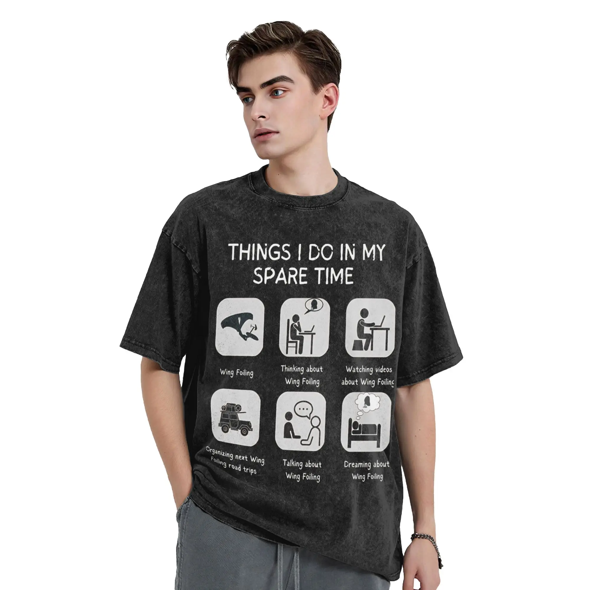 Washed T Shirts Wing Foiling Surfing T-Shirt High Street Things I Do In My Spare Time  Streetwear Graphic Tops Tees Men Women