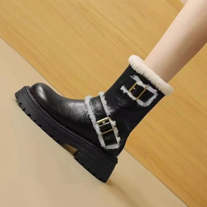 Elegant Women Mid Calf Snow Boots Pu Leater Fashion Dress Winter New 2025 Trend Woman Shoes Comfort Non Slip Motorcycle Boots