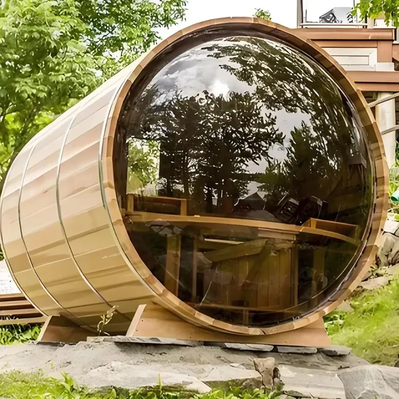 Barrel Sauna, Premium Solid Red Cedar 4‑6 Person Panoramic View Glass Outdoor Wellness Cabin for Villa Private Yard