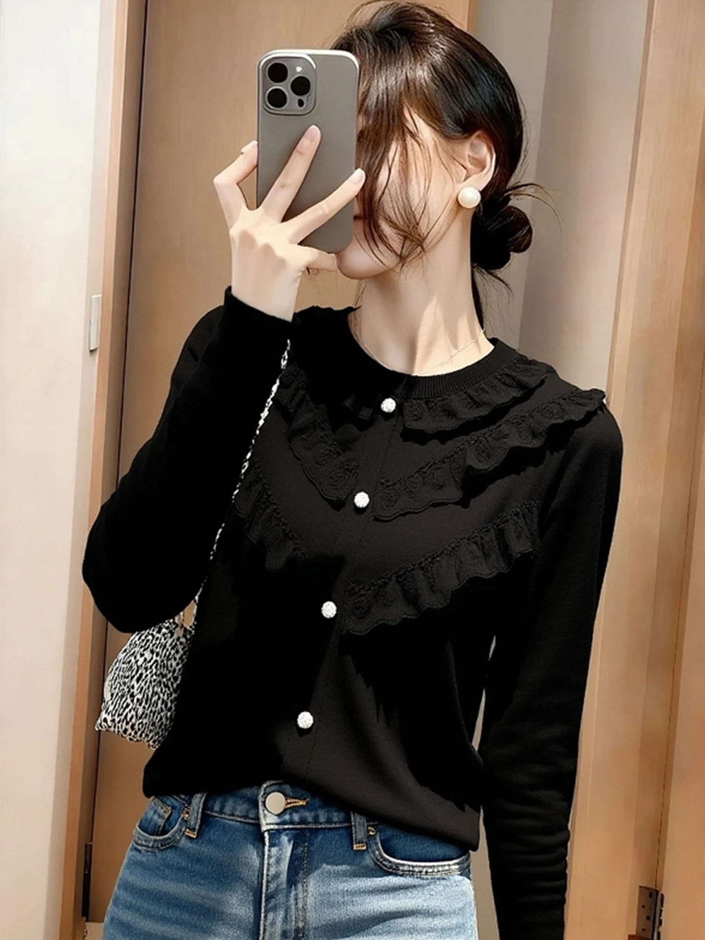 كشكش Sve محبوك سترة الدانتيل المرقعة طويلة Sve ملابس داخلية 2025 شتاء جديد Sle طبقة قاعدة دافئة المرأة Faion #1