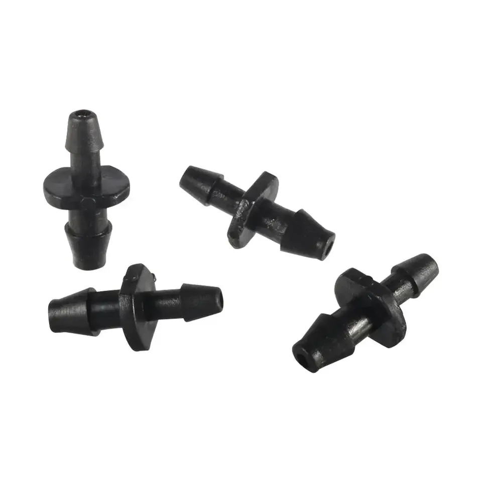 Garden irrigation straight barbed coupling for 4 mm to 7 mm and 3 mm to 5 mm flexible tubing, black PP reducer joint, DIN standa