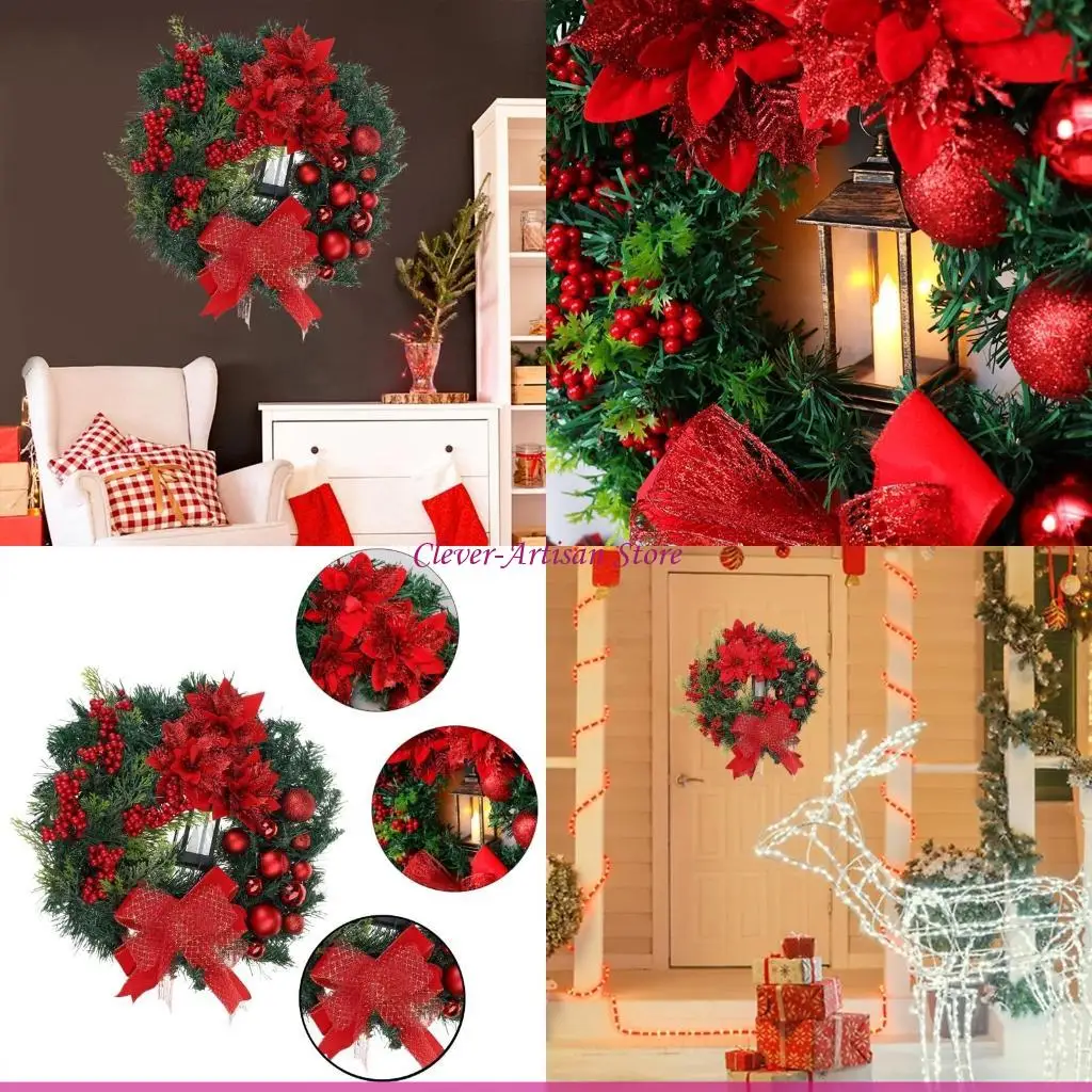 

E06B 16 Inch Christmas Wreath with Center LED Light Wreaths Christmas Garland Window Front Door Wall Ornament