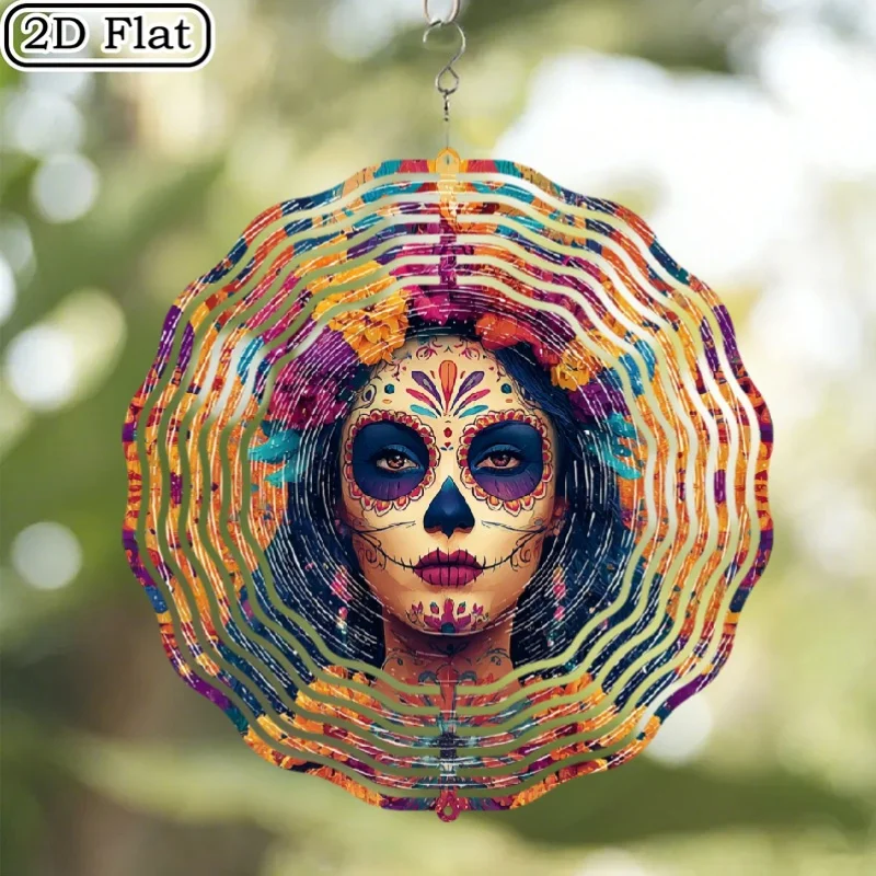 CIFBUY Wind Chime Day of the Dead Sugar Skull Colorful 360° Rotating Metal Spinner Outdoor Garden Yard Porch Hanging Decor Gift