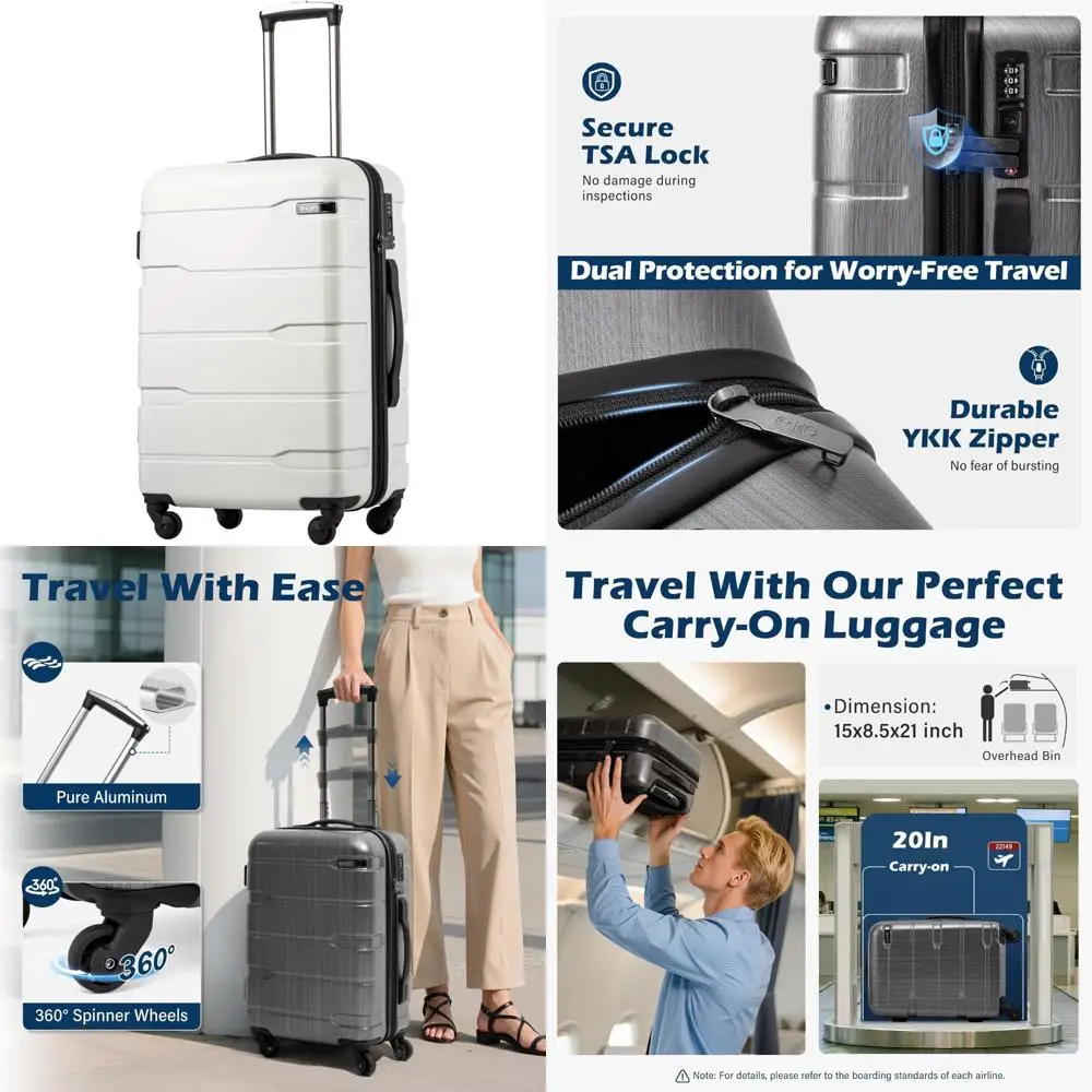 Lightweight TSA Lock Spinner Carry-On Suitcase with PC+ABS Hardshell, 20 Inch White Travel Luggage