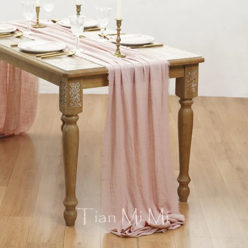 Pure Cotton Table Runner Dust Pink Rustic Gauze Cloth Dining Retro Burr Texture Vintage Wedding Party Linen Christmas Decoration