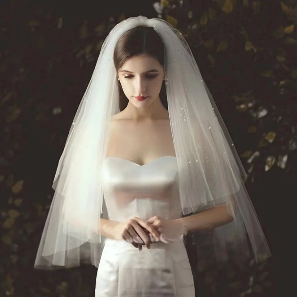 Elegant Pearl Beaded Wedding Veils Multi Layers Soft Tulle with Comb Bridal Fingertip Veil Marriage Accessories image 4