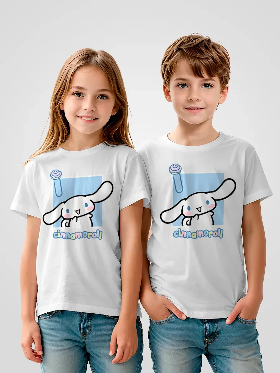 Kids Cinnamoroll T Shirt Cute Cartoon Big Ear Dog Lollipop Print Summer Short Sleeve Tee Boys Girls Casual White Tops