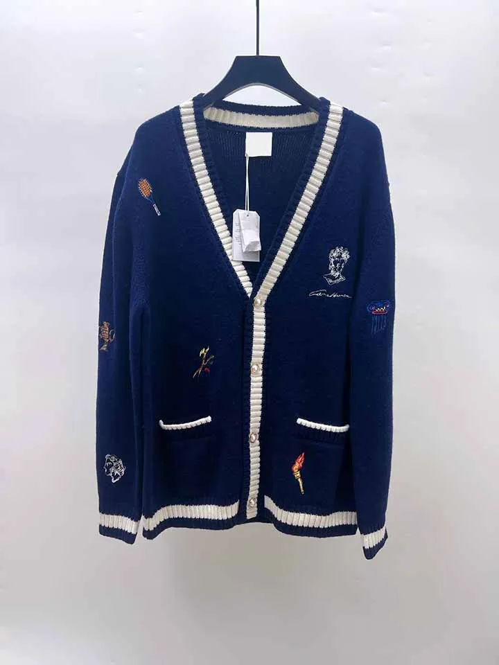 

2025 Best Version Embroidery Women Men Sweater Cardigan Coat Oversized Men Casual V Neck Pocket Sweater Jacket