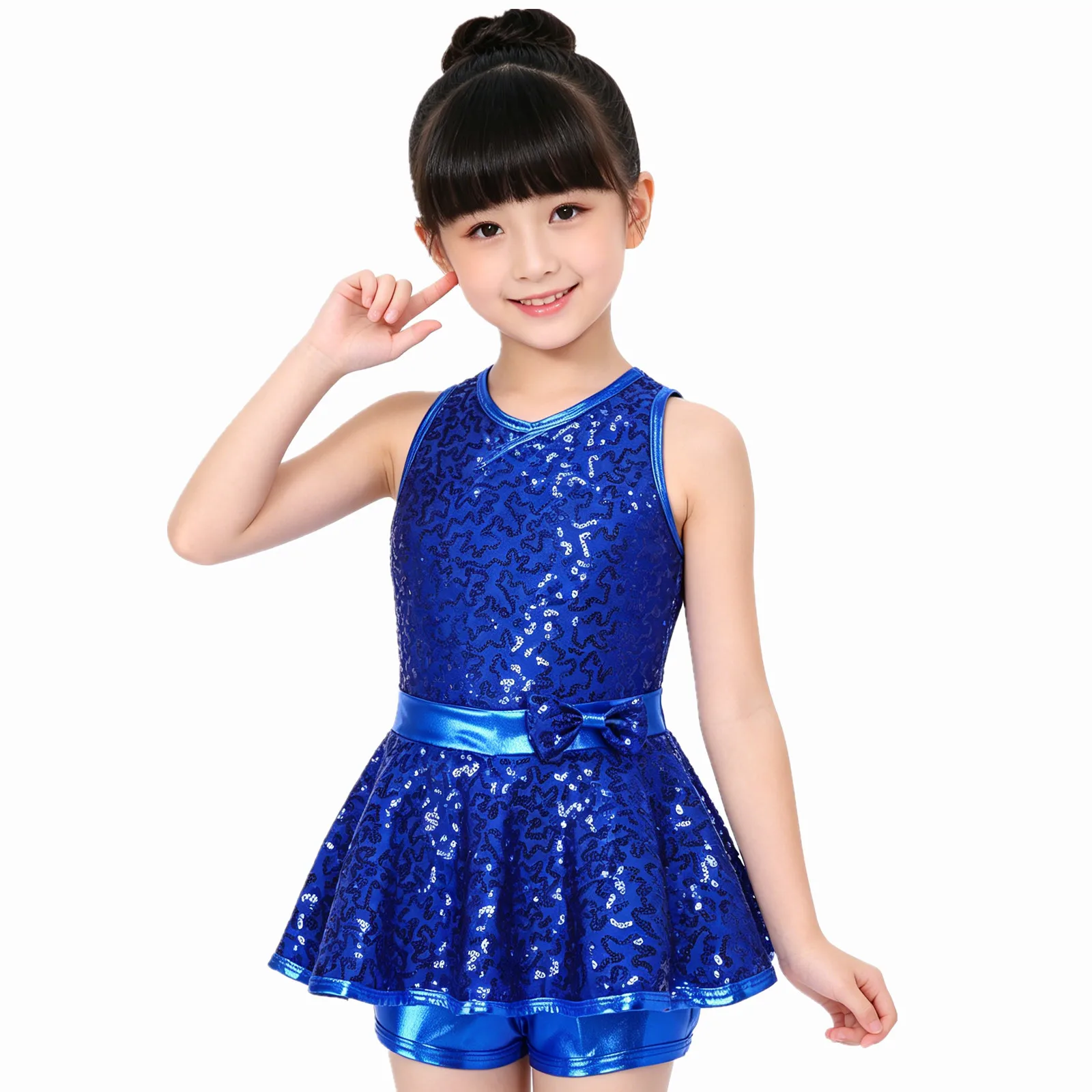 Kids Girls Jazz Modern Tap Dancewear Sequined Criss Cross Back Waist Bowknot Gymnastic Ballet Lyrical Modern Dance Leotard Dress