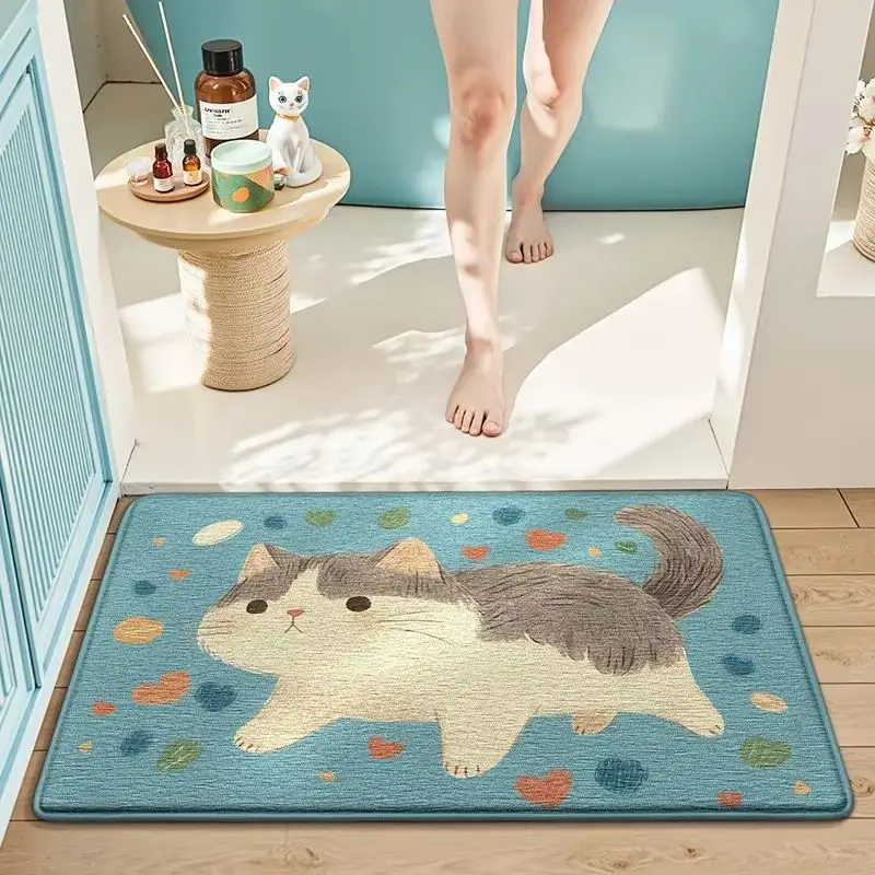Cute Cat Bathroom Floor Mat, Water Absorbing Slip-Resistant Entrance Rug, Soft Kitty Shower Door Carpet, Animal Home Decor