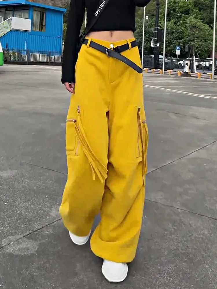 Women Streetwear Cargo Pants Loose Casual Pocket Zipper Lanyard Wide Leg Trouser American Hip Hop Yellow Hottie High Waist Pants