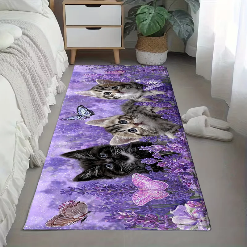 Purple Lavender Kitten Butterfly Runner Mat Anti Slip Absorbent Rug Cute Pet Floral Print Carpet for Bathroom Cooking Laundry
