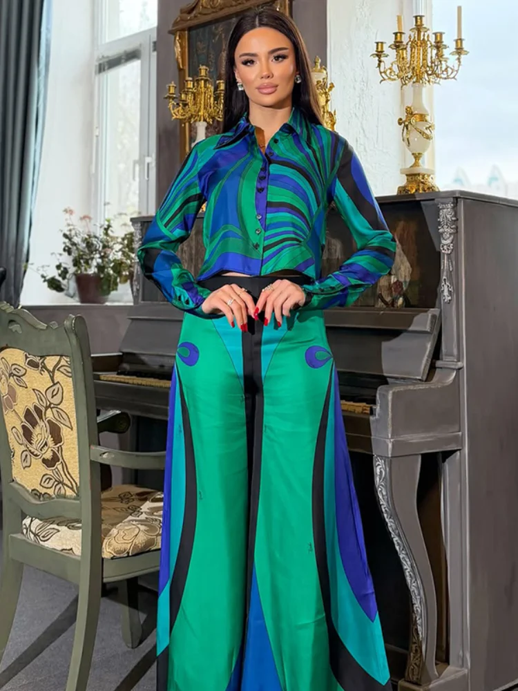 

Casual Abstract Print Shirt Wide Leg Pants Set Button-Down Blouse 2026 Spring Summer Inspired Streetwear Vacation Women Outfit