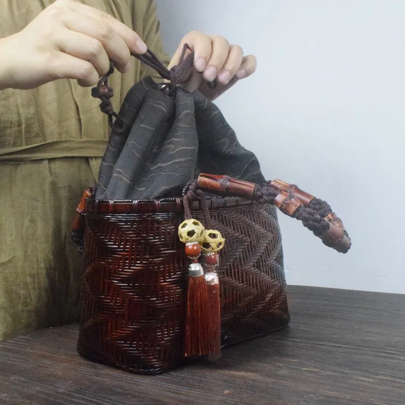Handmade Bamboo Woven Storage Bags for Dress Hanfu Vintage Handbag with Handle Zen Artistic Tote for Women Natural Daily Purse