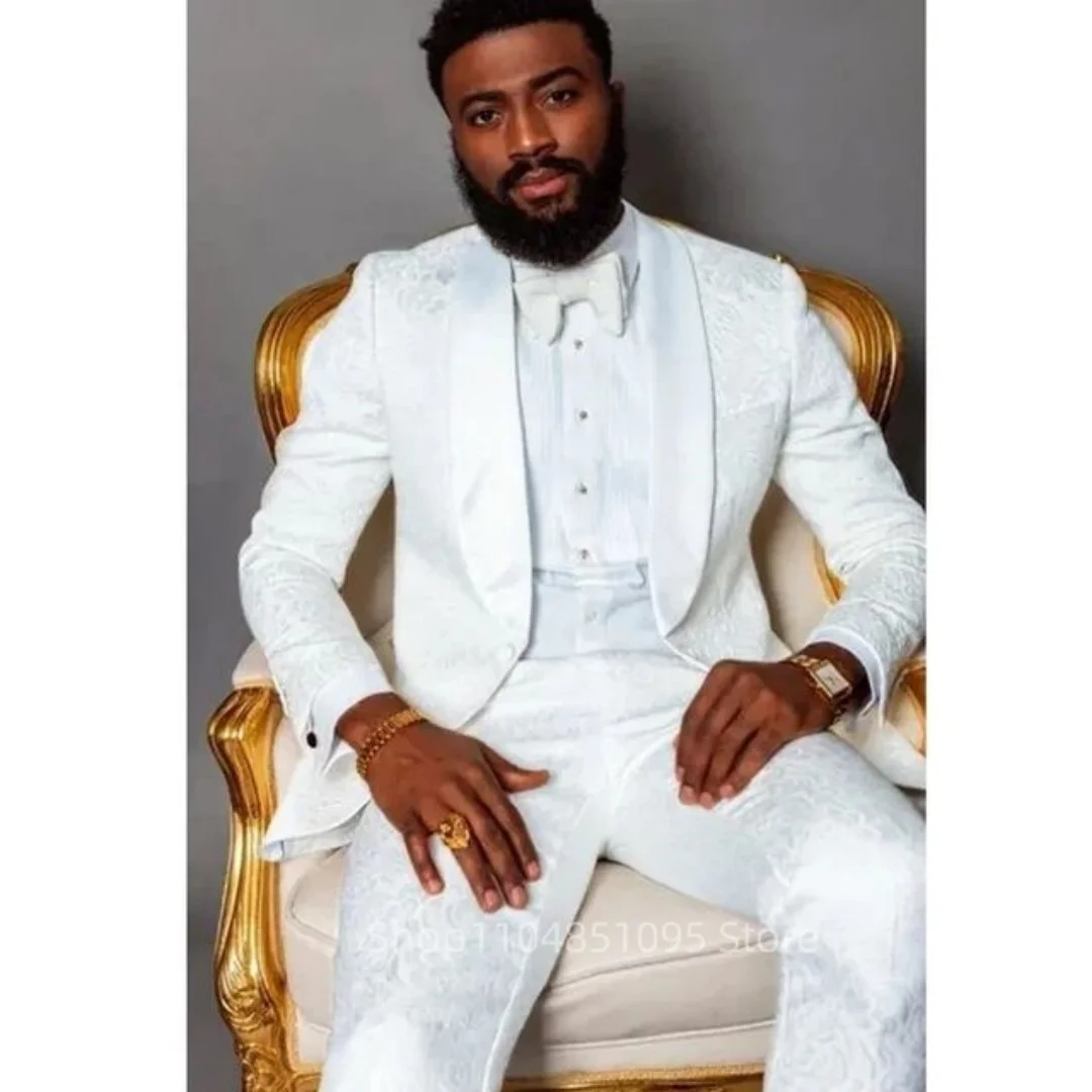 

Белый жаккардовый мужской костюм из двух предметов, красивый свадебный костюм, летний приталенный повседневный костюм с шалью и лацканами для выпускного вечера (пиджак + брюки)