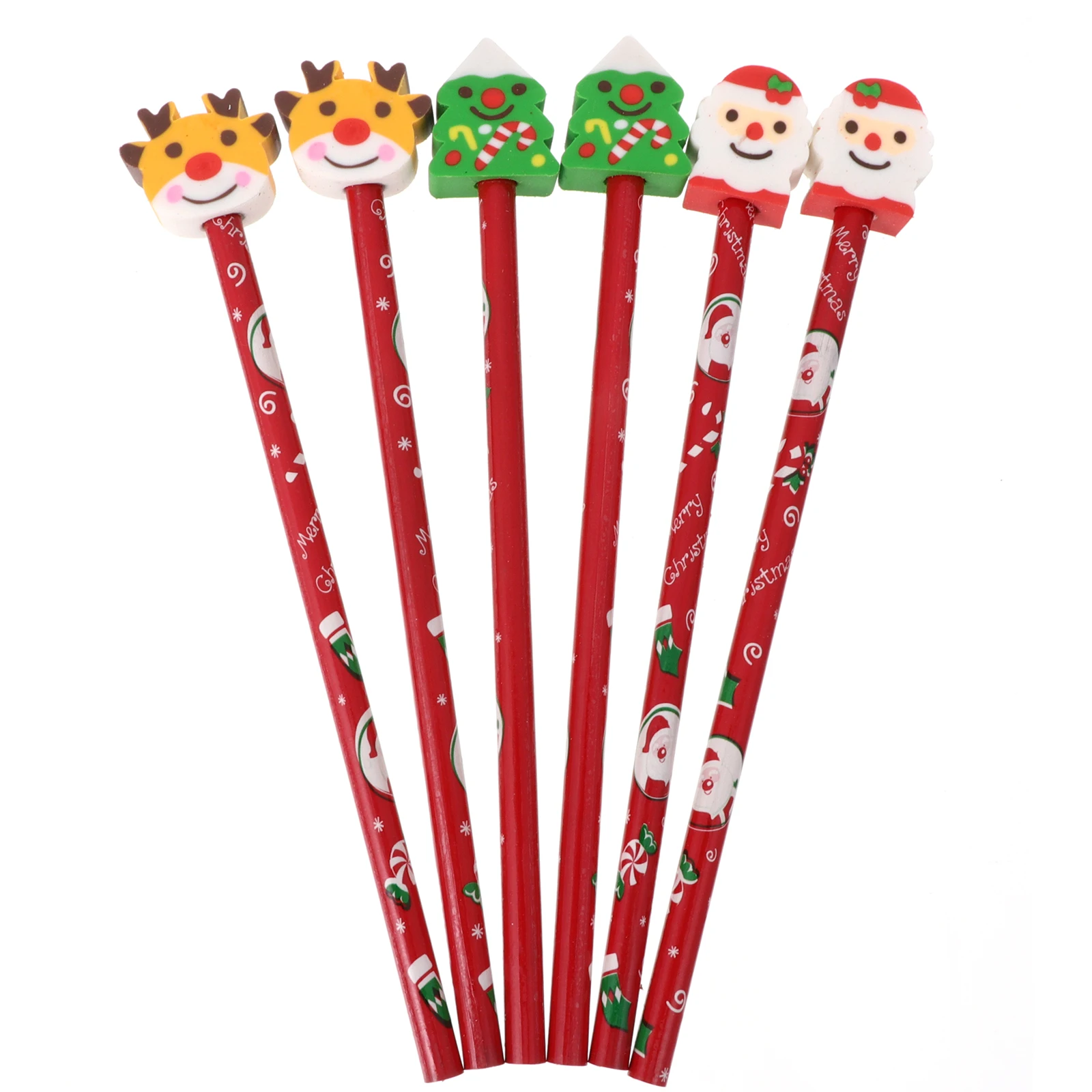 

6 Pcs Christmas Pencils Cartoon School Supplies Kids Gifts Writing Wood Stationery Xmas Eraser Student Award Pencil