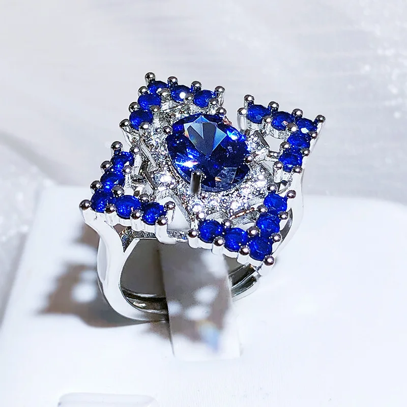 

Unique Square Oval Sapphire Full Diamond Couple Ring For Women Geometric Zirconia Silver Plated Anniversary Gift Jewelry