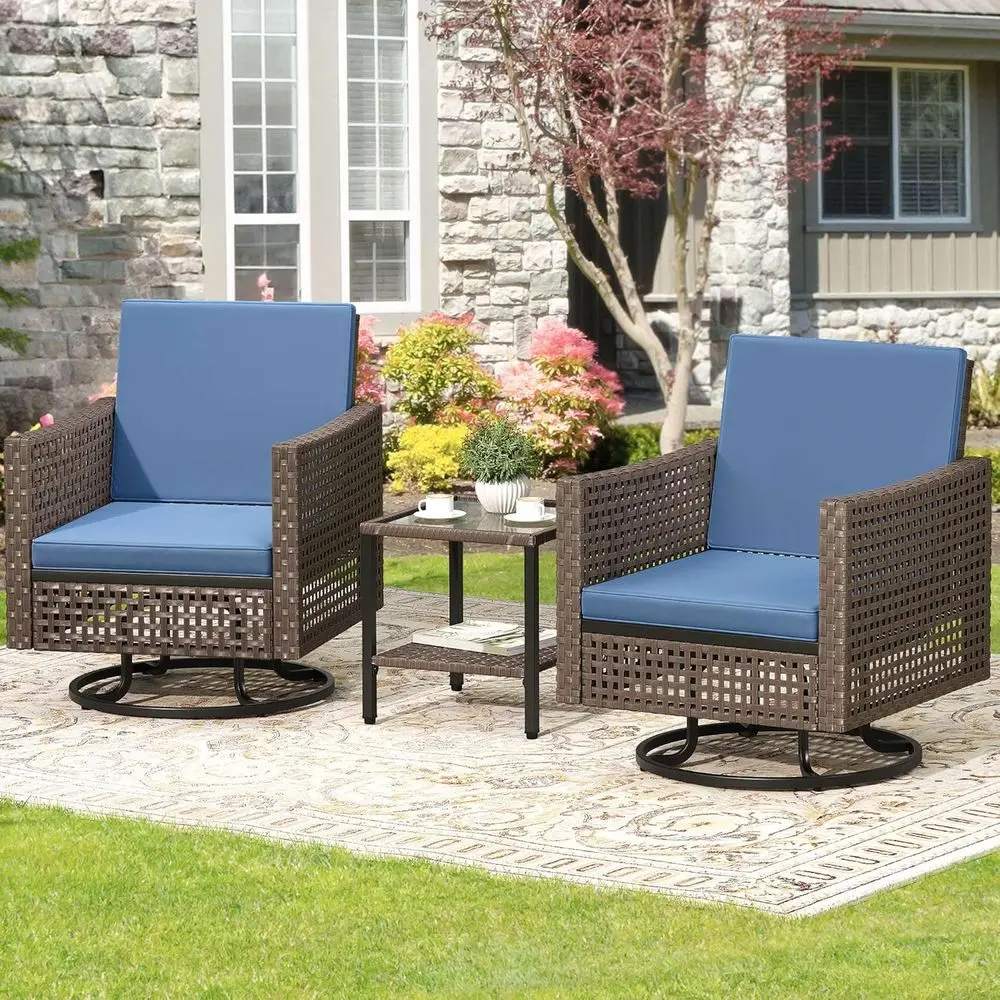 3-Piece Swivel Wicker Patio Set with Rattan Side Table and Cushions, Blue