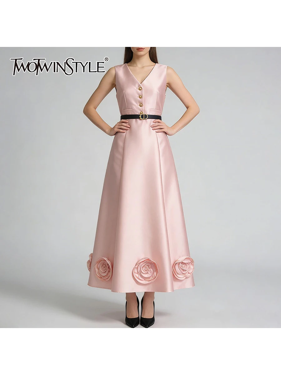 

TWOTWINSTYLE элегантные длинные платья с 3D цветами для женщин, v-образным вырезом, без рукавов, с высокой талией, лоскутное платье с поясом, женская одежда