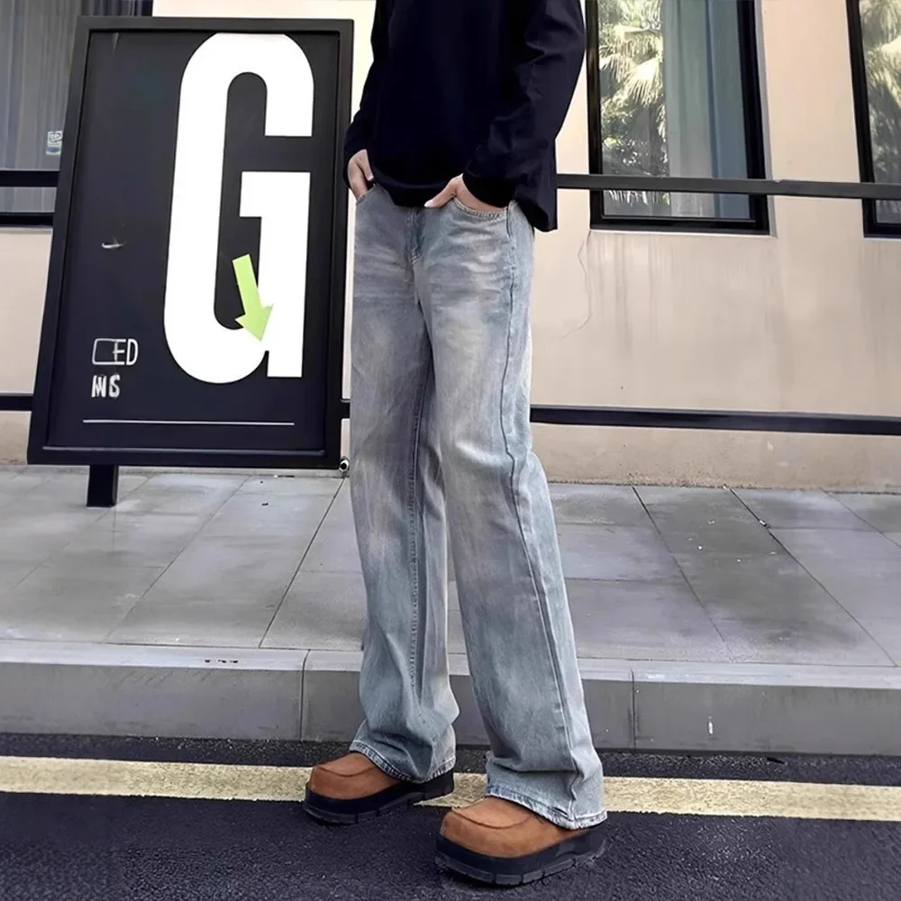 American New Fashion Men's Light Blue Casual Trendy Simple Basic Daily Slim Flare Denim Trousers Male Jeans Pants Male Clothes