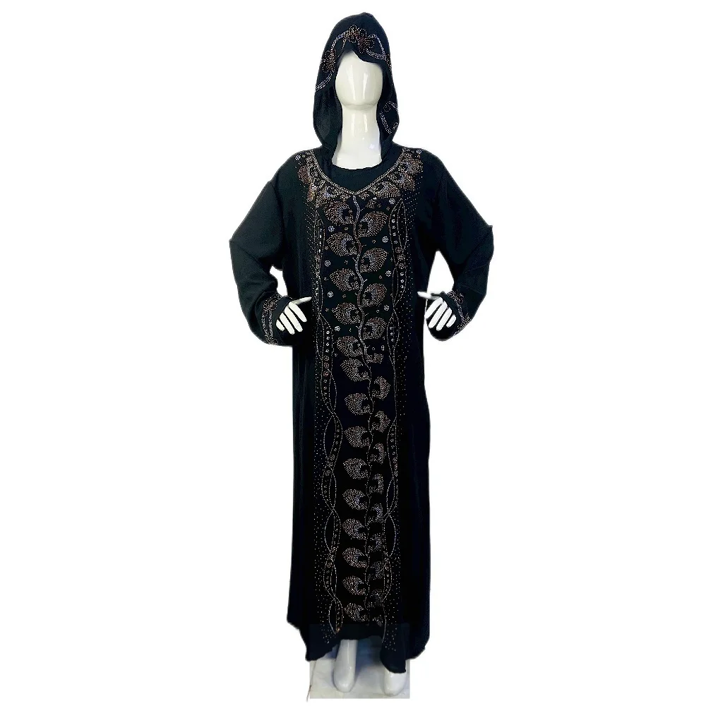 

Chiffon Black Hot Stamping Diamond Pattern One-Piece Hooded Loose Plus Size Ethnic Clothing Muslim Long Sleeved Dress