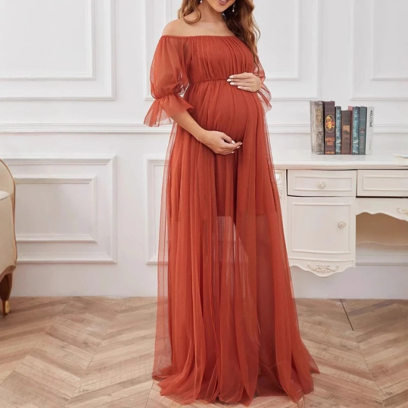 

Maternity Dress Elegance Pregnant Women Fashion Spring Formal Evening Wear Long Short Sleeve Line Neck Tulle Solid Color Clothes