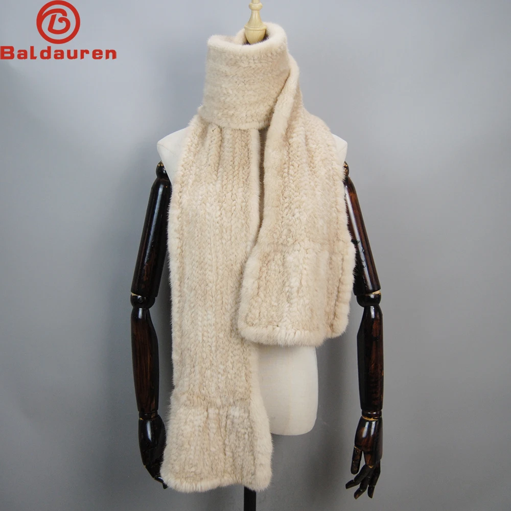 New Winter Women Hand Knitted 100% Genuine Mink Fur Scarf Shawl Natural Warm Mink Fur Muffler Lady Quality Real Mink Fur Scarves