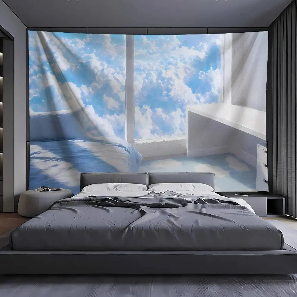 Tapiz Decorativo para Pared con Diseño de Cielo y Nubes Surrealistas Estilo Dreamcore, Vista de Ventana con Cielo Azul y Nubes Blancas, Decoración de Dormitorio Estilo Weirdcore, Regalo