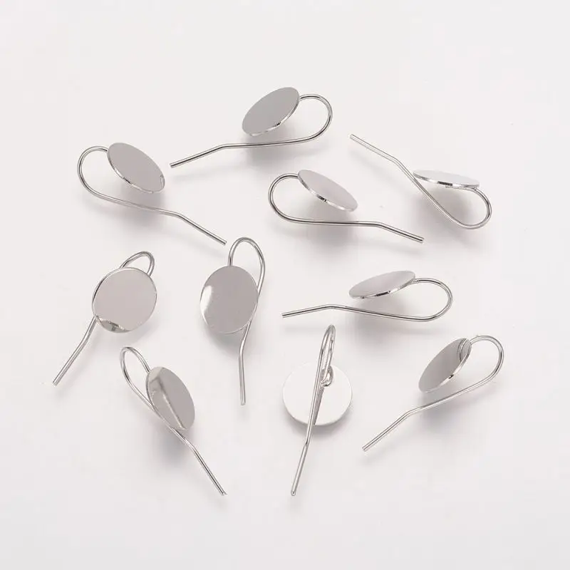 200pcs Tray: 10mm Brass Earring Hooks Cabochon Blank Base for Jewelry Making DIY Accessories Findings 24x10x0.5mm Pin: 0.7mm