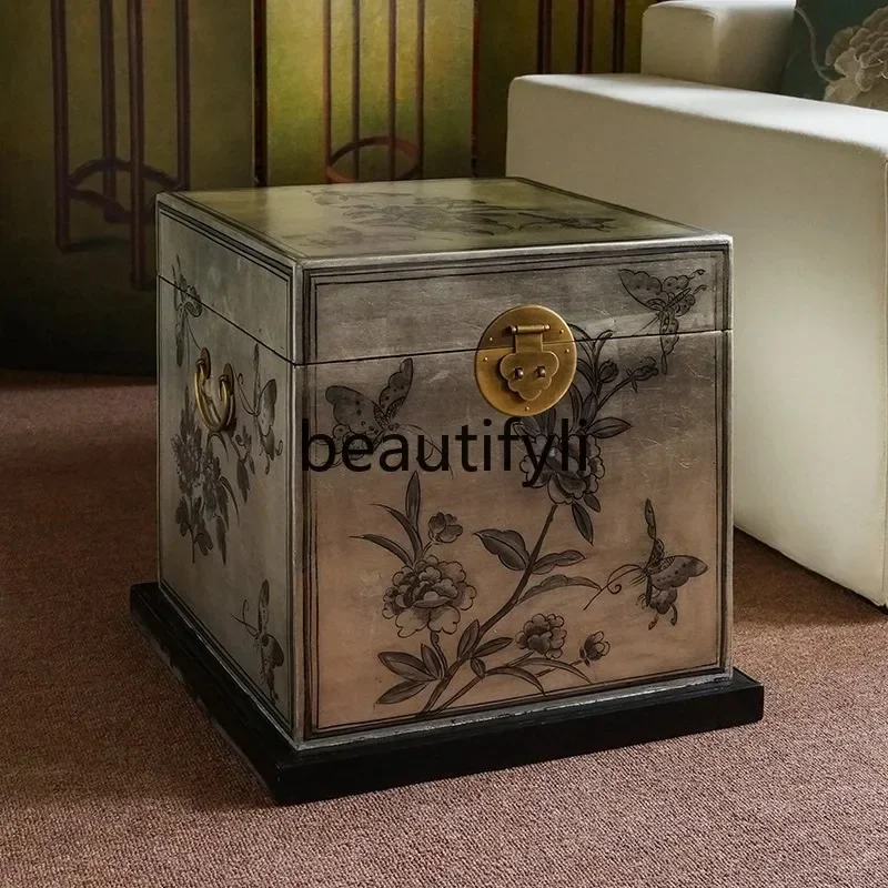 

Solid wood Chinese simple living room small coffee table light luxury modern square silver foil hand-painted retro