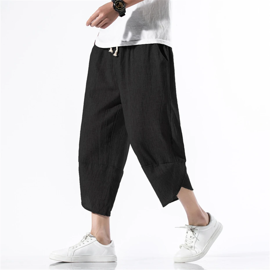 

Summer Calf-length Pants Men Fashion Casual Linen Pants Male Solid Color Summer Harem Pants Breathable