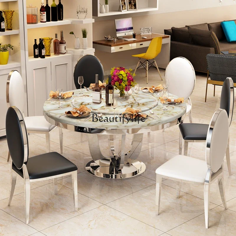 Light Luxury Stainless Steel round Table Modern Minimalist Marble Dining-Table Chair Combination