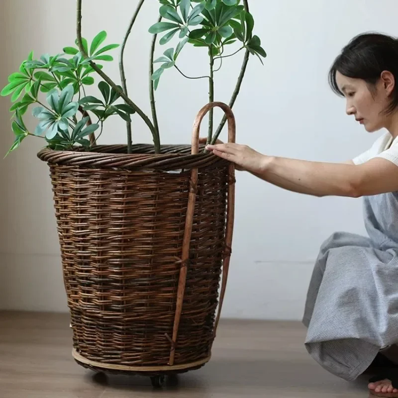 Wicker Baskets Flower Pot Large Movable Elegant Indoor Balcony Plants Pots Luxury Outdoor Floor Plant Vase Garden Decoration