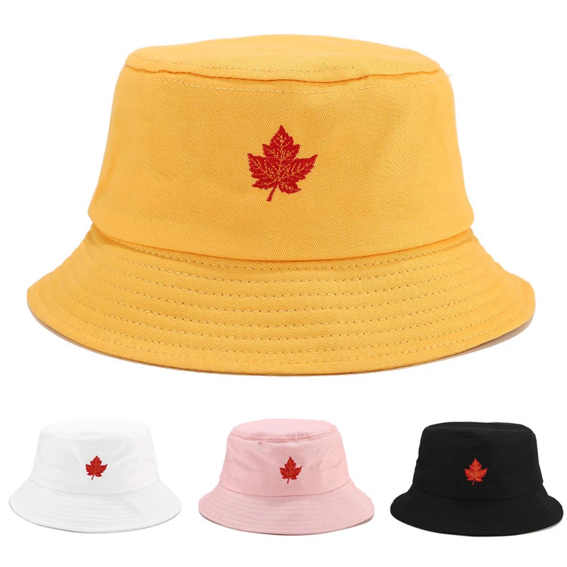 Women Men Maple Leaf Embroidered Bucket Hat, Casual Cotton Sun Cap for Outdoor Streetwear