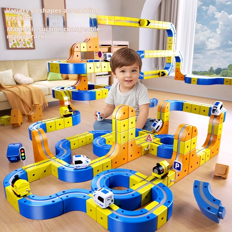 DIY montar juguetes de tren de pista magnética para niños, ferrocarril mágico electrónico, construcción de coches, juguete educativo para niños, regalo de Navidad