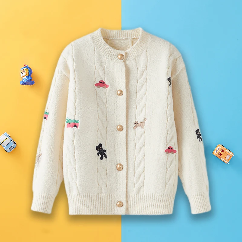 

Girls Cartoon Embroidered Knitted Cardigan Outwear Sweater Kidsren Autumn and Winter New Baby Cute Spring Clothing Autumn Clothing