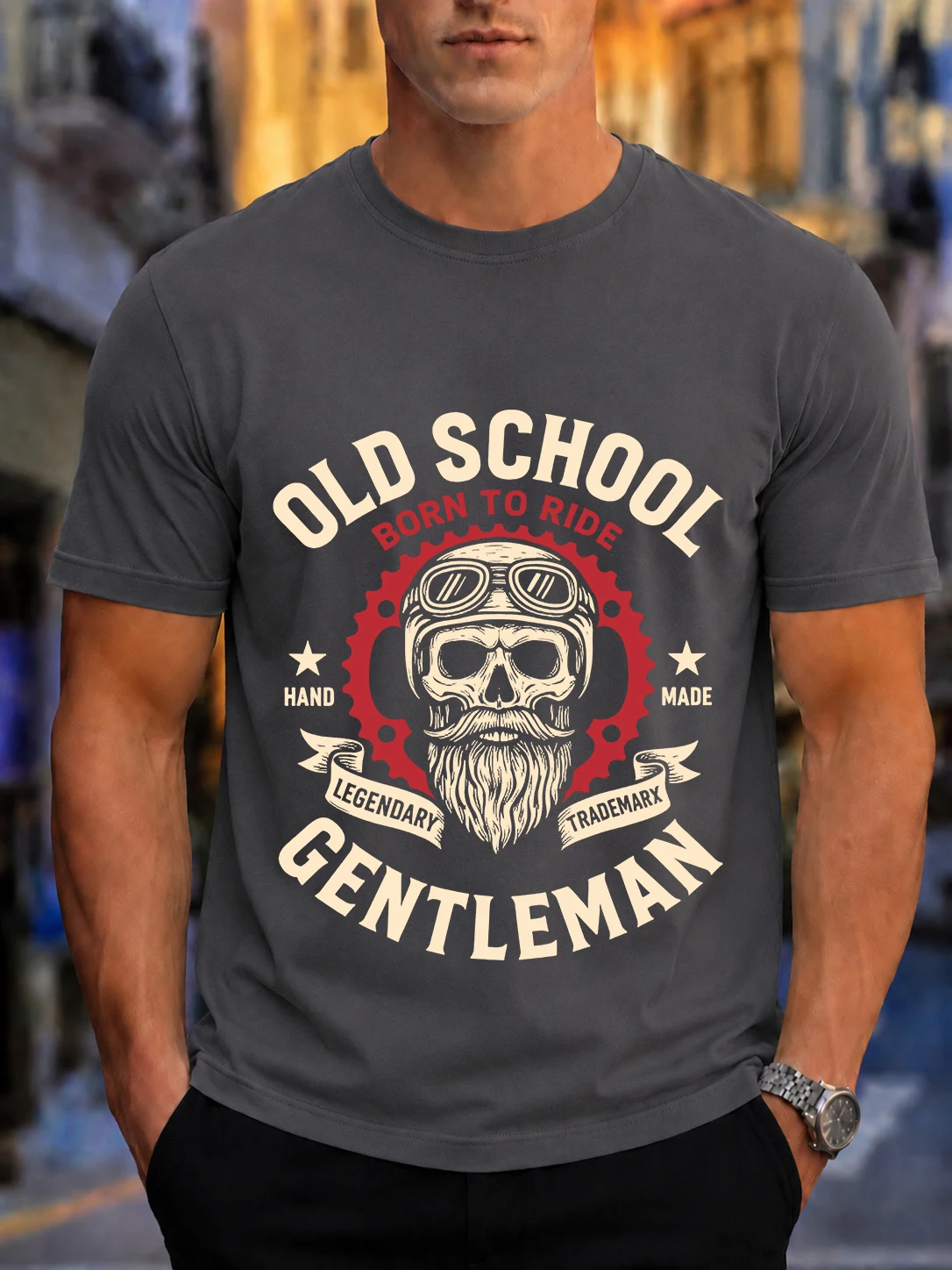2026 New Cotton T-Shirt Old School Born To Ride Biker Gentleman Skull Print Fashion Short Sleeve Tee