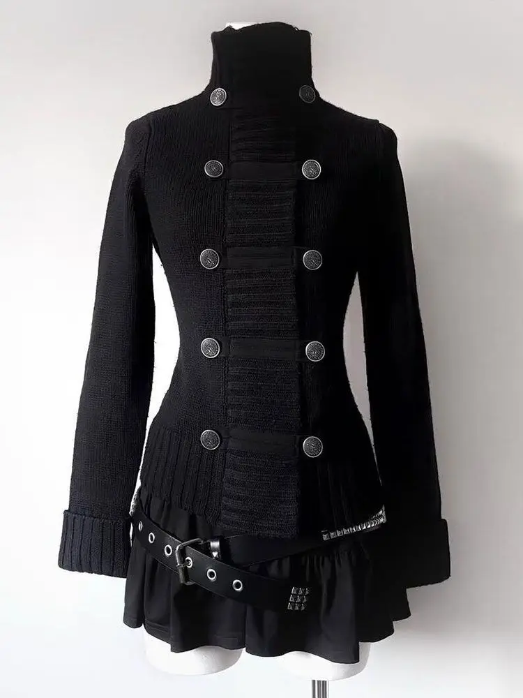 고딕 펑크 패션 여성 니트 스웨터 2000년대 겨울 버튼 후드 하라주쿠 레트로 그런지 Y2K 코트
