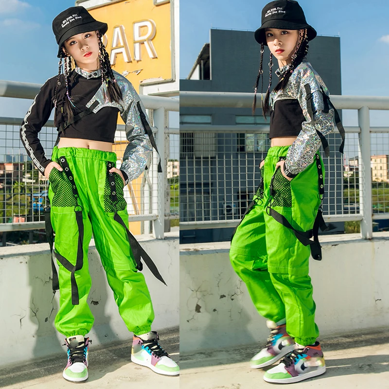 

2024 Modern Hip Hop Dance Costumes For Girls Single Sleeved Fluorescent Green Pants Streetwear Jazz Performance Clothes DN6759