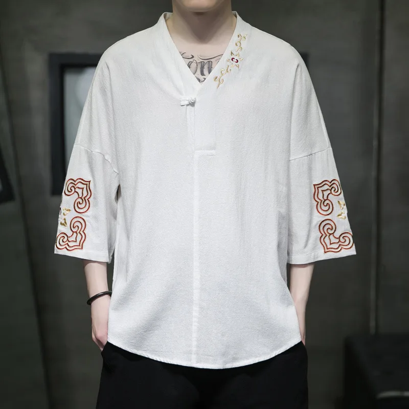 Japanese Shirt Kimono Yukata Retro V-neck Embroidered T-shirt Men\'s Hip Hop M-6XL 2023 Spring and Summer New Men\'s Shirt Tops