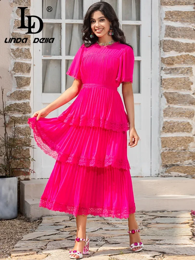 LD LINDA DELLA Fashion Runway Summer Women Short sleeves High waist lace ruffles solid color pleated Dress
