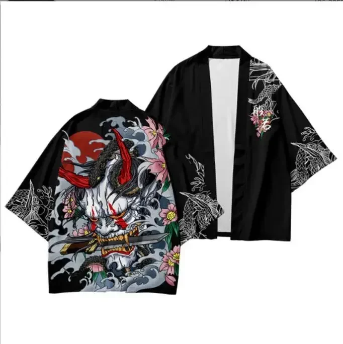 ثوب الكيمونو الياباني الرجال سترة قميص بلوزة يوكاتا هاوري أوبي ملابس الصيف المطبوعة الأسود الذكور الساموراي الملابس #4