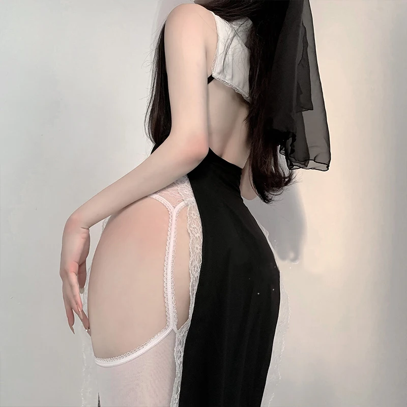 Halloween Costumes for Women Sexy Nun Cosplay Lingerie Tempting Uniform Party Performance Slit Dress Attractive Seduce Clothing