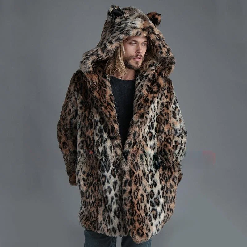 남성용 인조 모피 코트 레오파드 프린트 밍크 모피 따뜻한 아우터 캐주얼 청년 스탠드 칼라 중간 길이 유럽 스타일