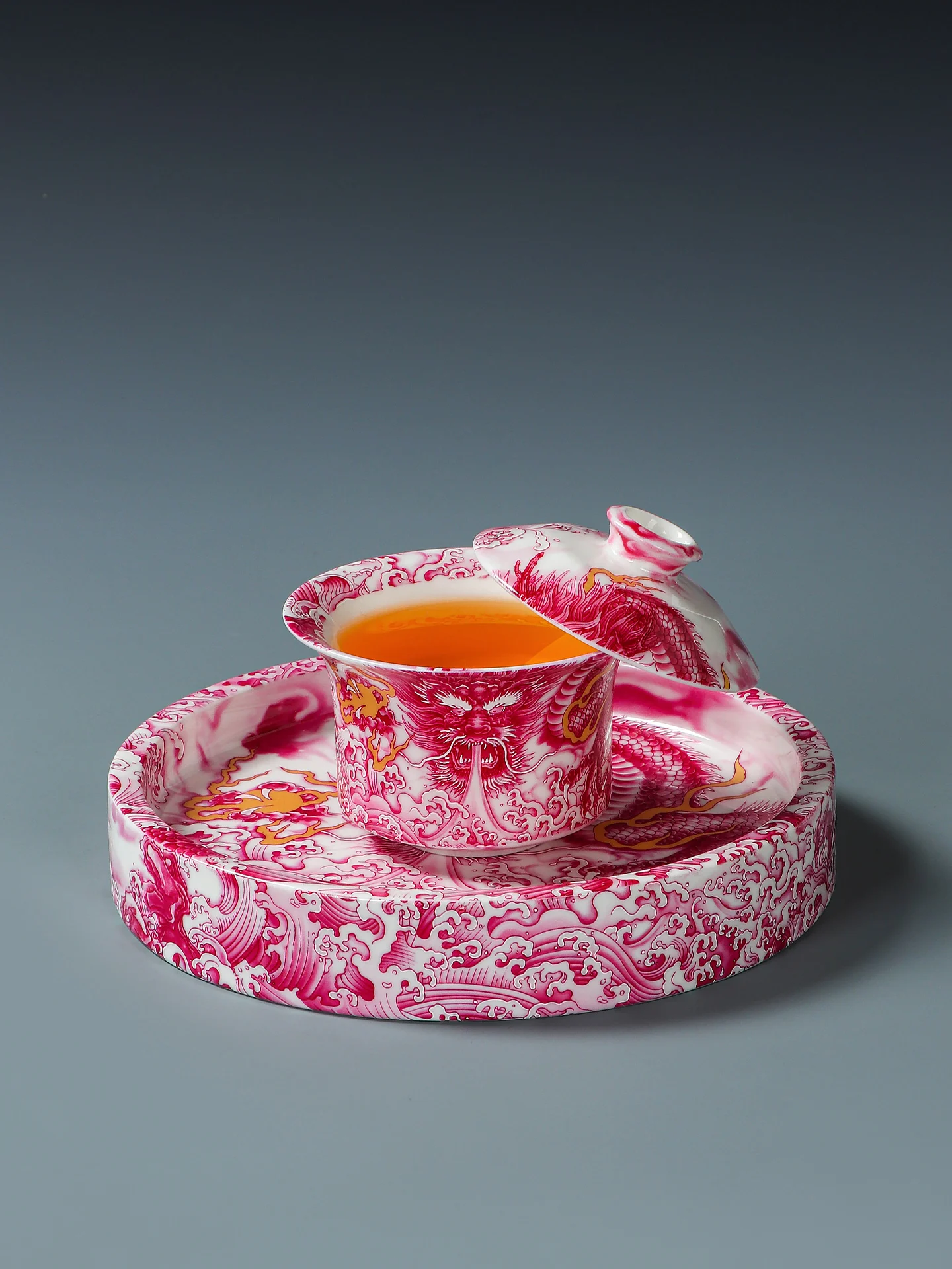 

High-End Ceramic Gongfu Tea Set Rotating Lid Bowl Tea Cups Vintage Style Handmade Enamel Color Powdered Dragon Flying Design