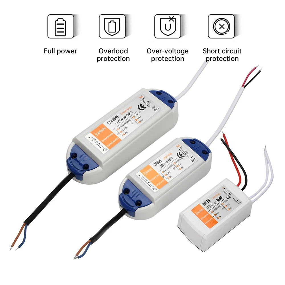 Driver LED AC 90-240V a DC 12V 18W 28W 48W Adattatore di alimentazione Striscia LED Trasformatore di illuminazione Protezione da cortocircuito